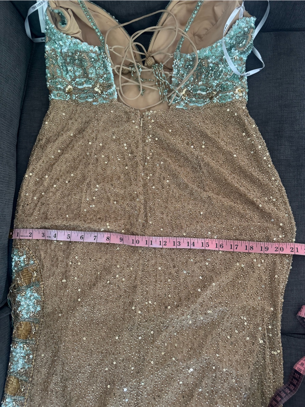 Sherri Hill Aqua Gold Red Carpet Goddess Gown NWT Size 16 - Picture 15 of 17